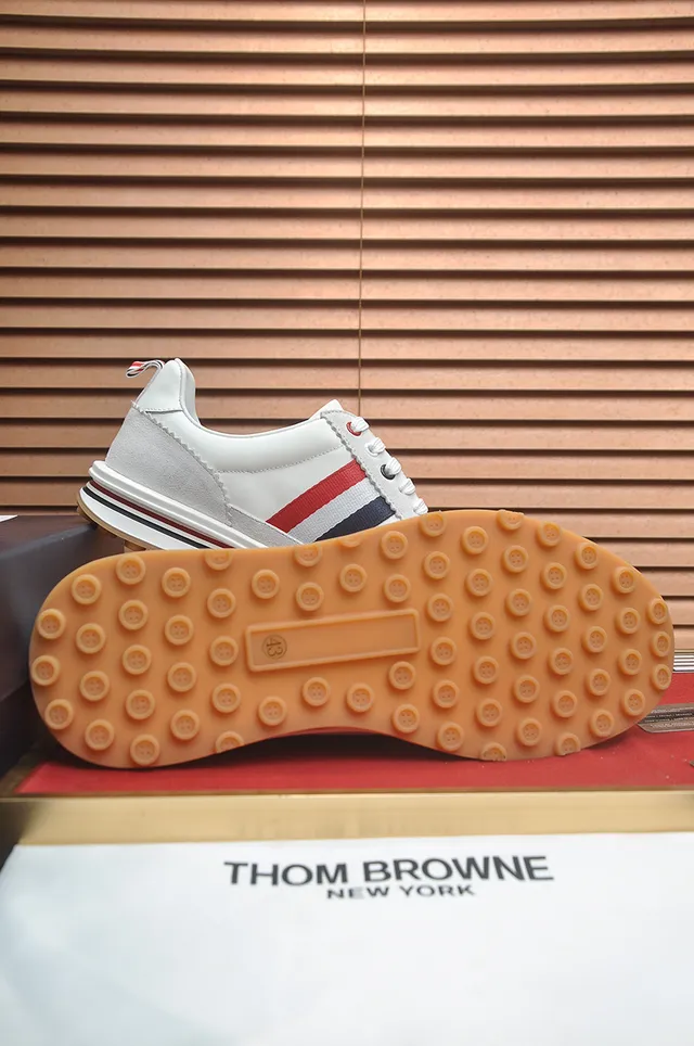 Thom Browne White Gray Low-Top Suede-and-Leather Upper Lifestyle Sneakers 3