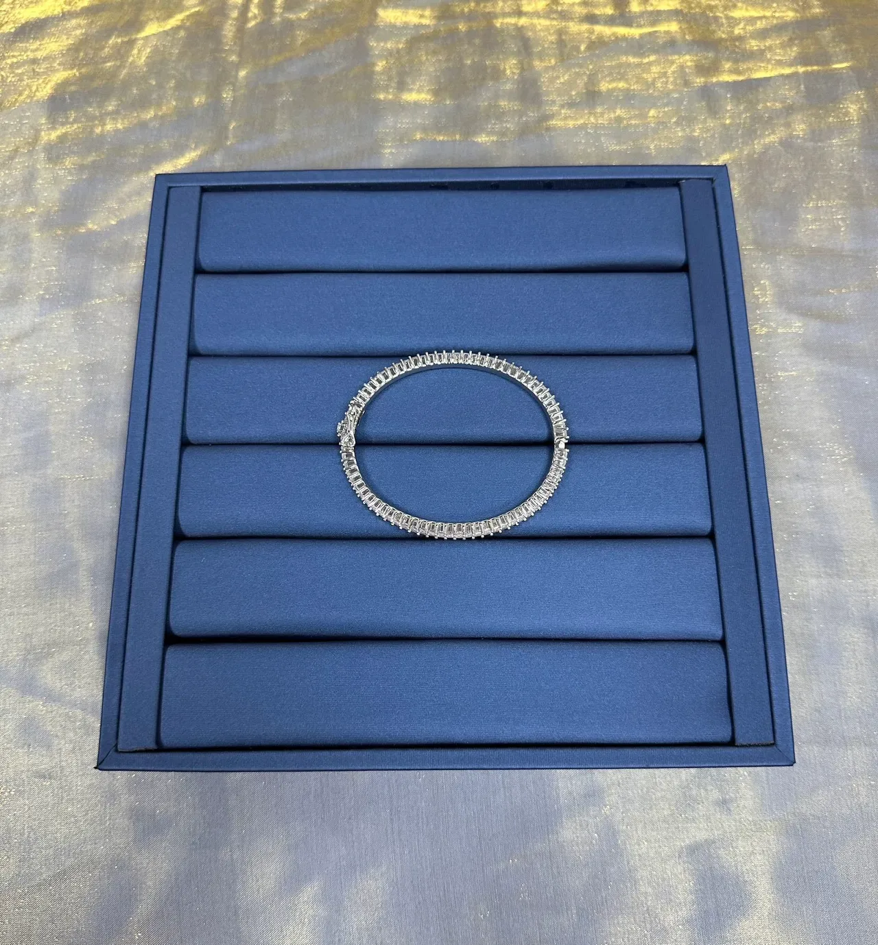 Tiffany & Co. Silver Navy Channel-Set Baguette-Cut Stones Eternity Bangle Bracelet 7
