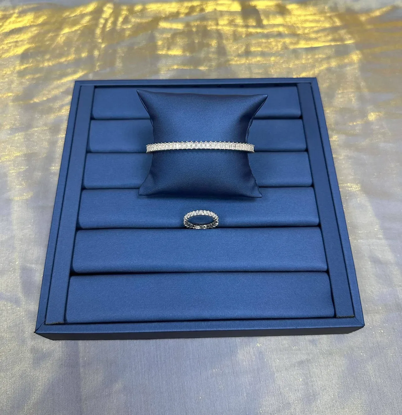 Tiffany & Co. Silver Navy Channel-Set Baguette-Cut Stones Eternity Bangle Bracelet 8