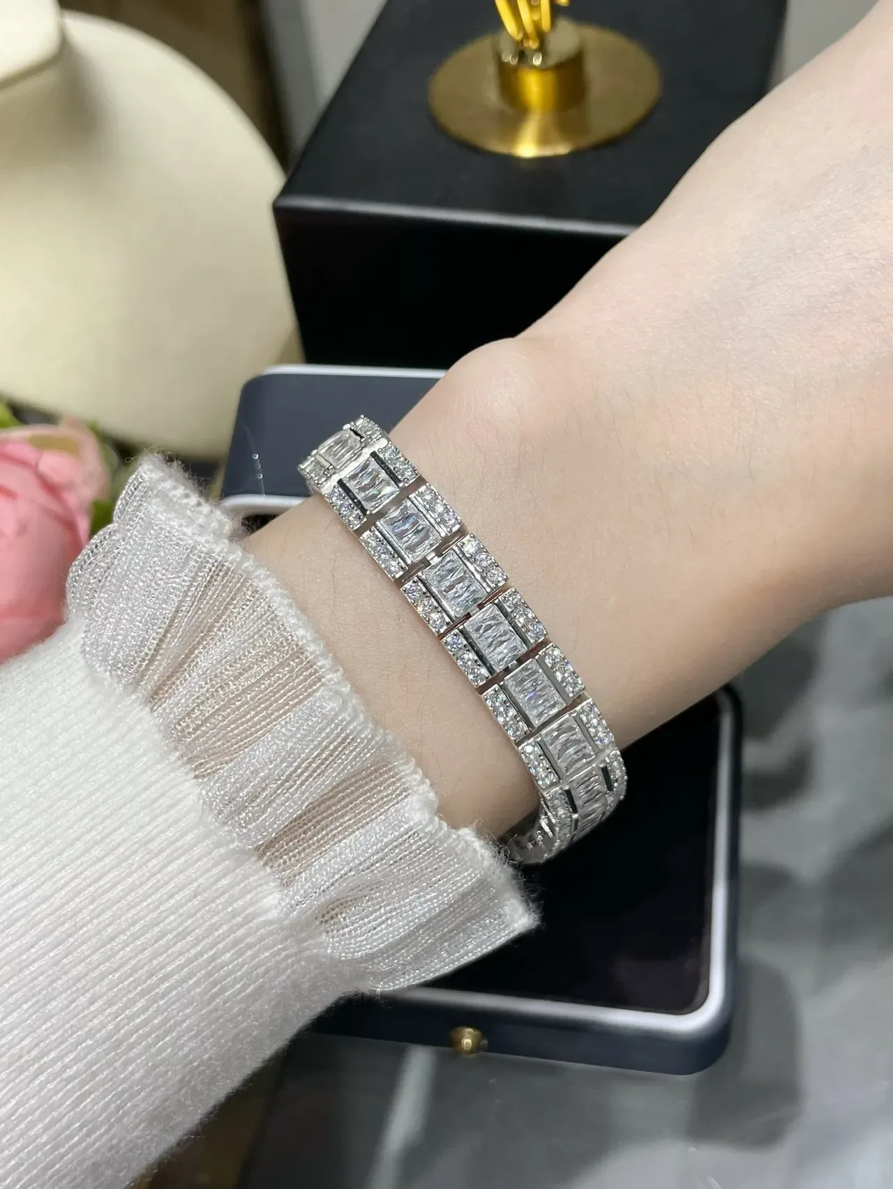 Tiffany & Co. T Collection Silver White Multi-Row Baguette-Cut Bracelet 9