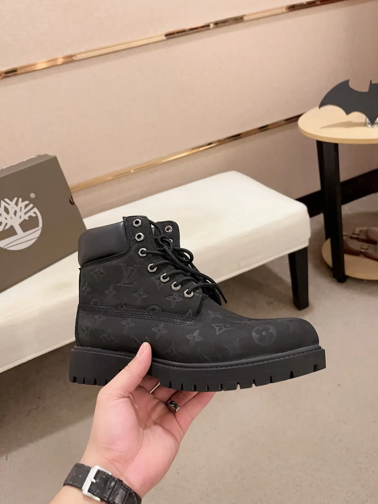 Timberland 黑色印花皮革粗壮履带底工作靴 5