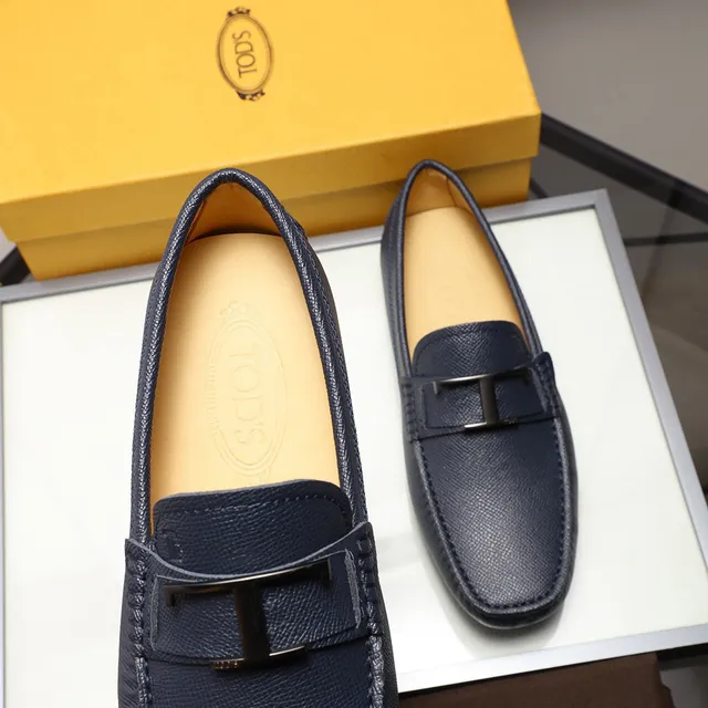 Tod's Double T Loafer Navy Blue Pebbled Leather Loafers 6