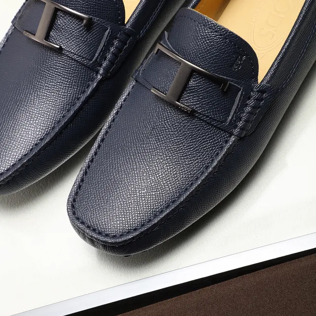 Tod's Double T Loafer Navy Blue Pebbled Leather Loafers 7