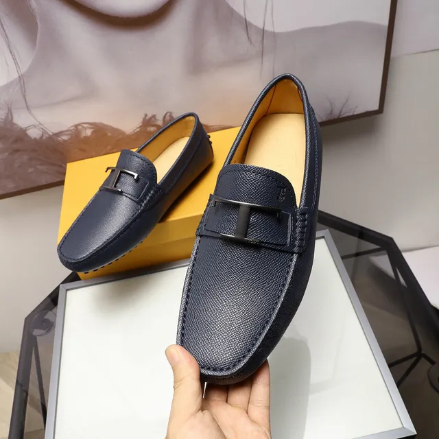 Tod's Double T Loafer Navy Blue Pebbled Leather Loafers 8