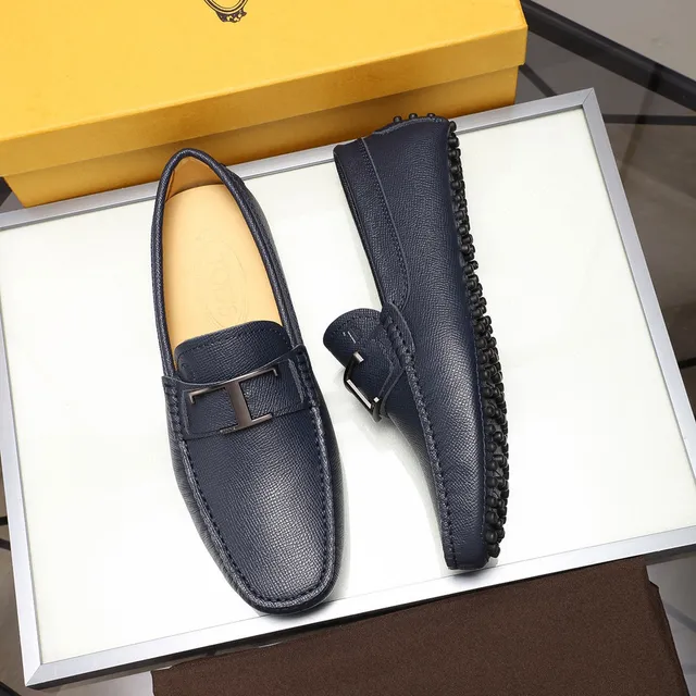 Tod's Double T Loafer Navy Blue Pebbled Leather Loafers 9