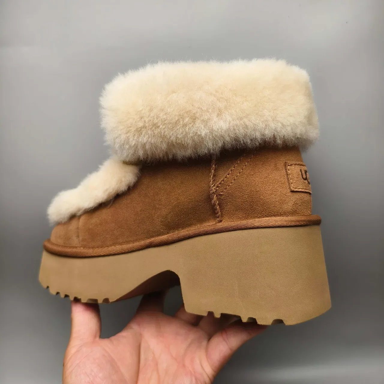 UGG Brown Beige Platform Sole Shearling-Trimmed Snow Boots 4