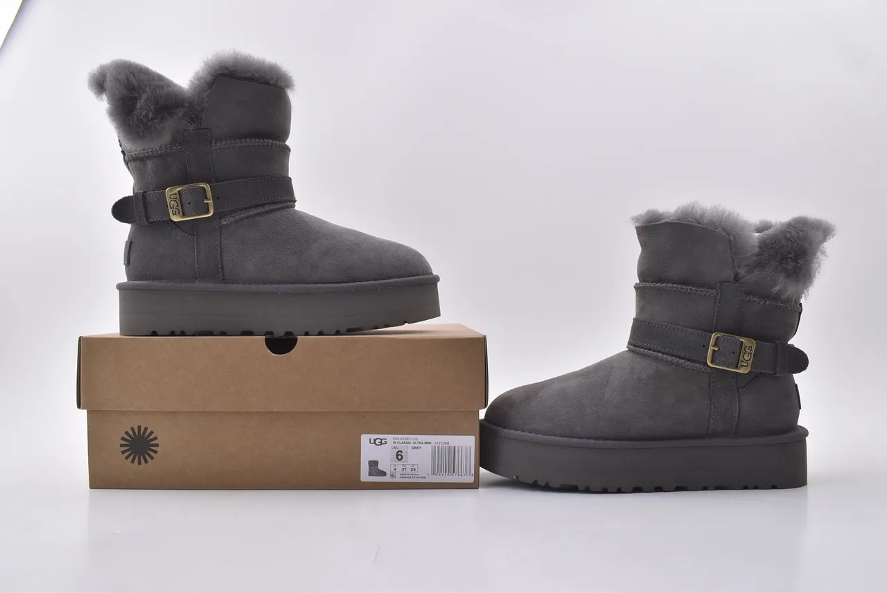 UGG ग्रे बीज स्यूड ऊपरी शियरलिंग लाइनड कफ स्नो बूट्स 3