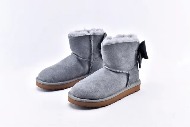 UGG Mini Bailey Bow Gray Suede Shearling-Lined Snow Boots 2
