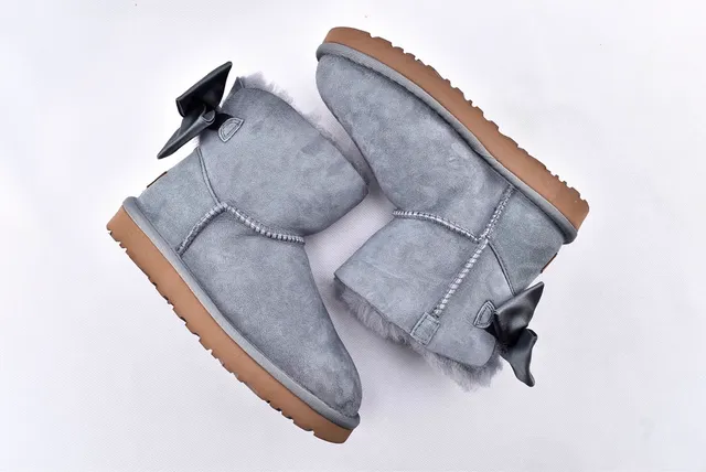 UGG Mini Bailey Bow Gray Suede Shearling-Lined Snow Boots 12