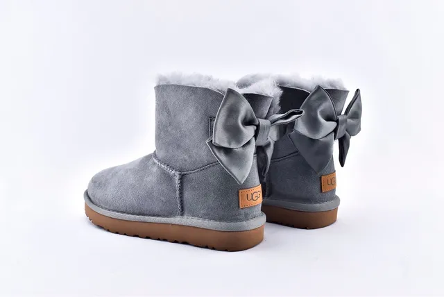 UGG Mini Bailey Bow Gray Suede Shearling-Lined Snow Boots 14