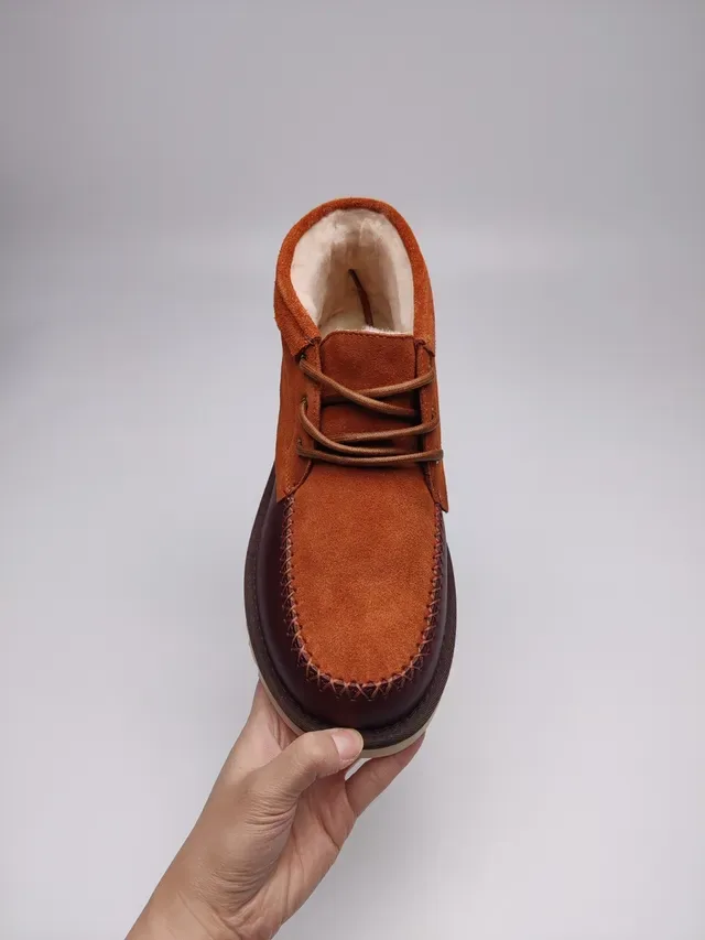 UGG Orange Burgundy Suede-and-Leather Two-Tone Moccasin-Stitched Toe Ankle Boots 9
