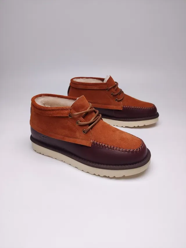 UGG Orange Burgundy Suede-and-Leather Two-Tone Moccasin-Stitched Toe Ankle Boots 12