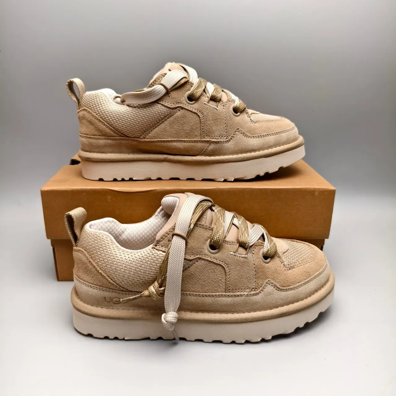 UGG Tasman Beige Chunky Platform Sole Mixed Suede And Mesh Upper Lifestyle Sneakers 5