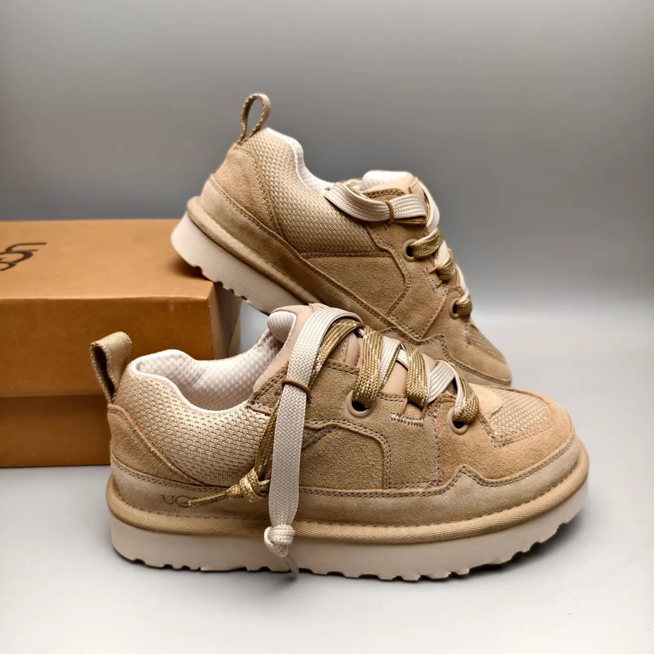 UGG Tasman Beige Chunky Platform Sole Mixed Suede And Mesh Upper Lifestyle Sneakers 6