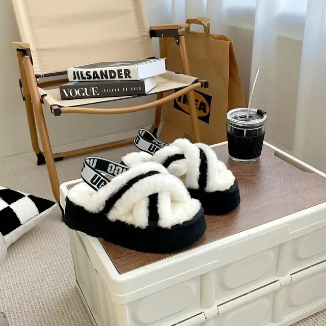 UGG Tasman Black and White Shearling Platform Slippers 2