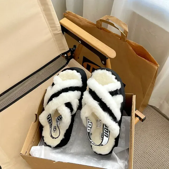 UGG Tasman Black and White Shearling Platform Slippers 4