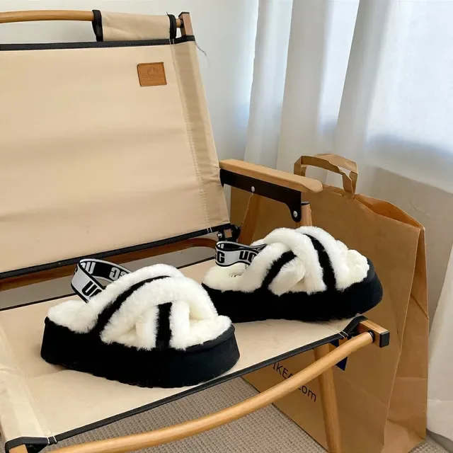 UGG Tasman Black and White Shearling Platform Slippers 5