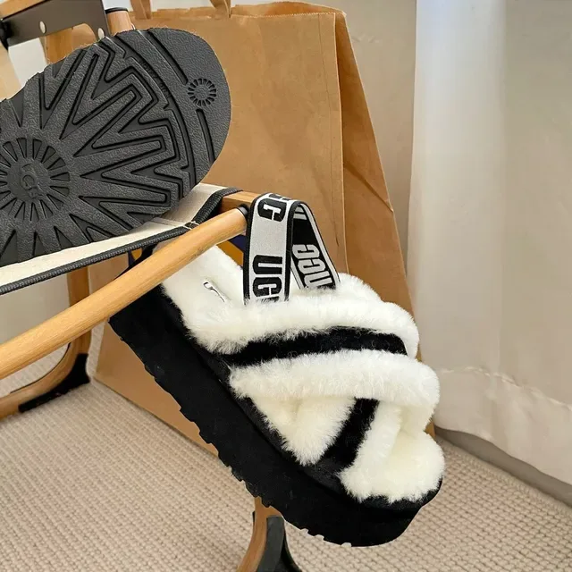 UGG Tasman Black and White Shearling Platform Slippers 6