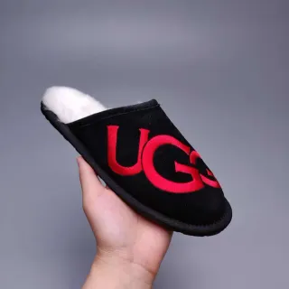 UGG Tasman Black Red Suede Upper White Shearling Lining Slippers