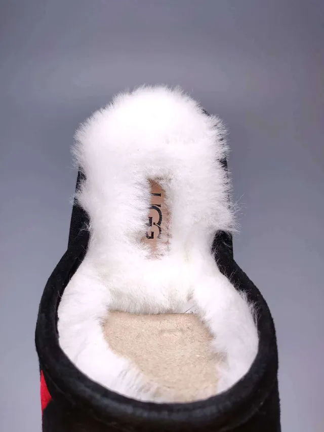 UGG Tasman Black Red Suede Upper White Shearling Lining Slippers 6