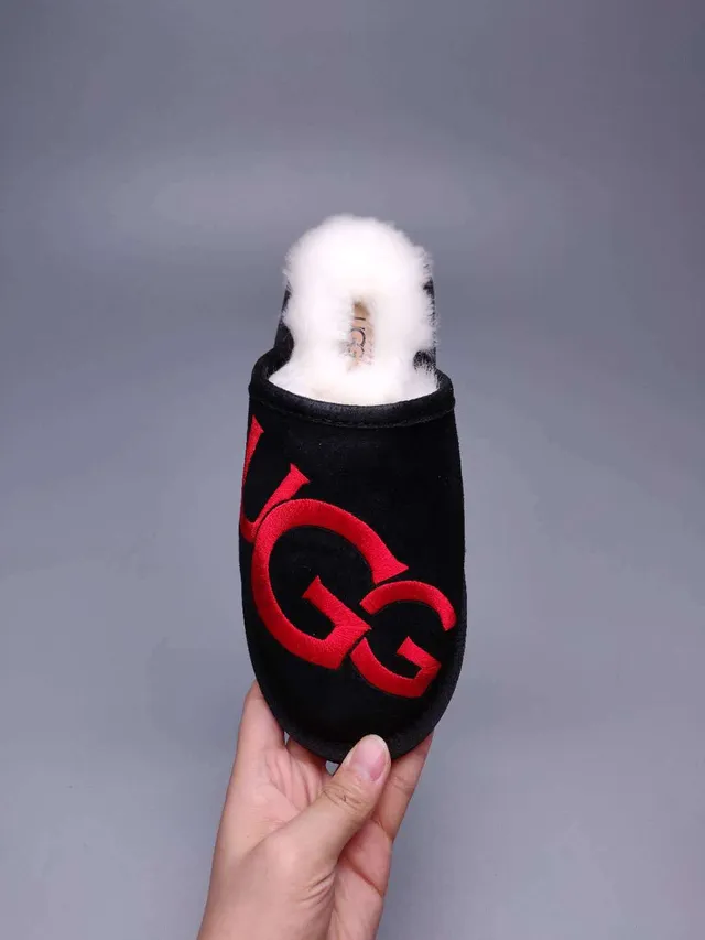 UGG Tasman Black Red Suede Upper White Shearling Lining Slippers 9