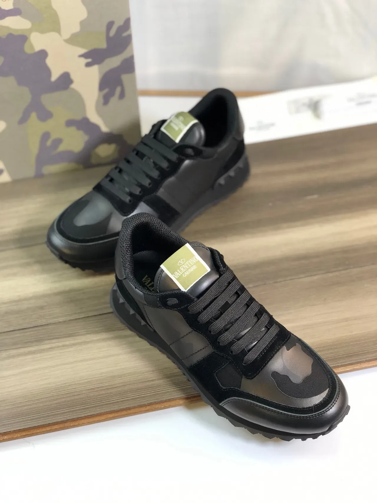 Valentino Black Gray Rockstud-Studded Midsole Camouflage Paneling Lifestyle Sneakers 6