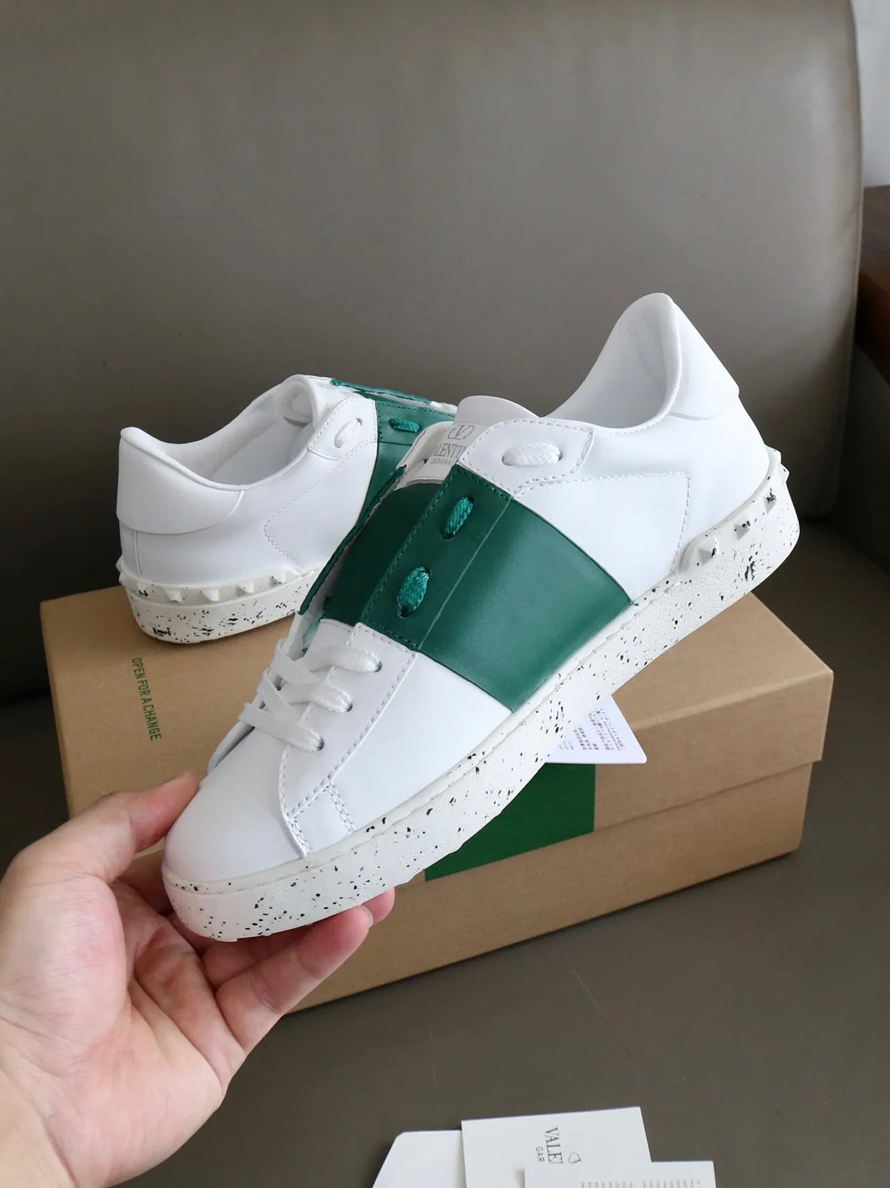 Valentino Open White and Emerald Green Lifestyle Sneakers 2