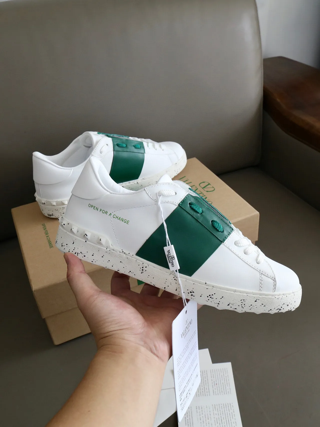 Valentino Open White and Emerald Green Lifestyle Sneakers 4