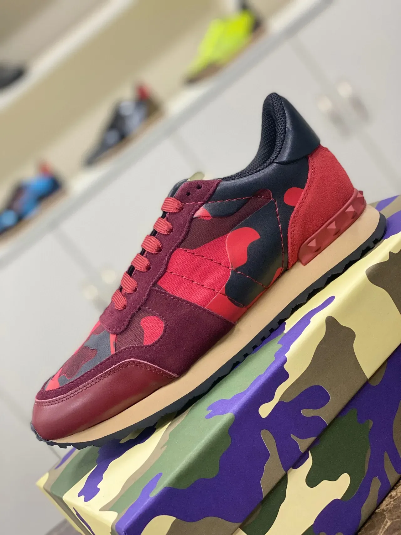 Valentino Red Multicolor Camouflage-Print Upper Pyramid Stud Heel Lifestyle Sneakers 5
