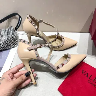 Valentino Rockstud Beige Silver Pointed-Toe T-Strap Stiletto