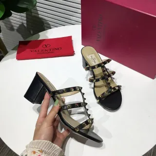 Valentino Rockstud Black Studded Triple-Strap Block Heel Gladiator Sandals