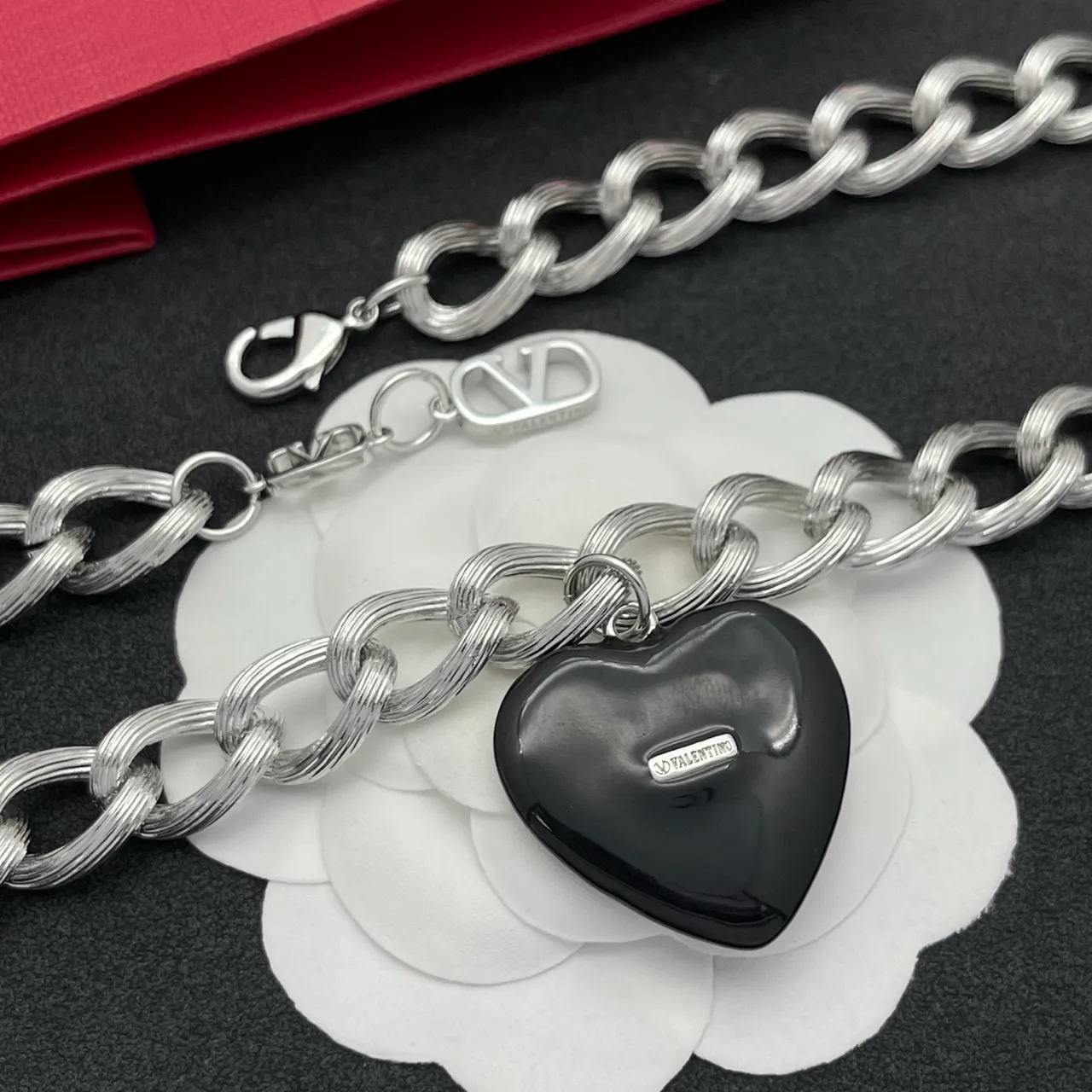 Valentino VLogo Heart Black Enamel Silver Chain Necklace 3