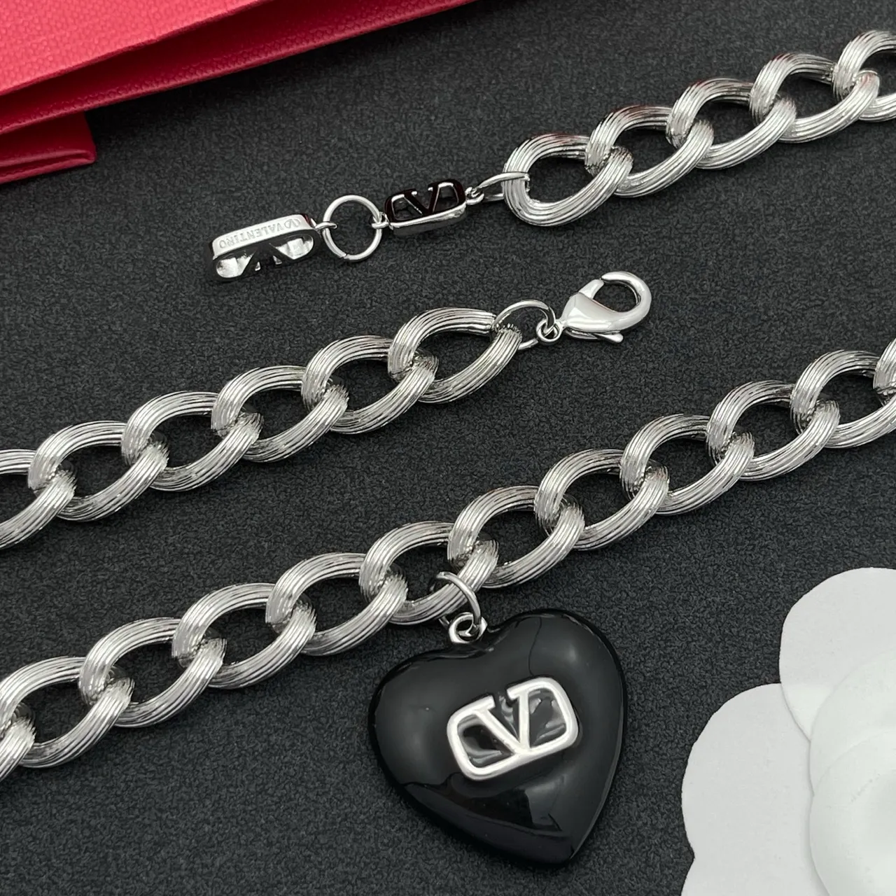 Valentino VLogo Heart Black Enamel Silver Chain Necklace 5