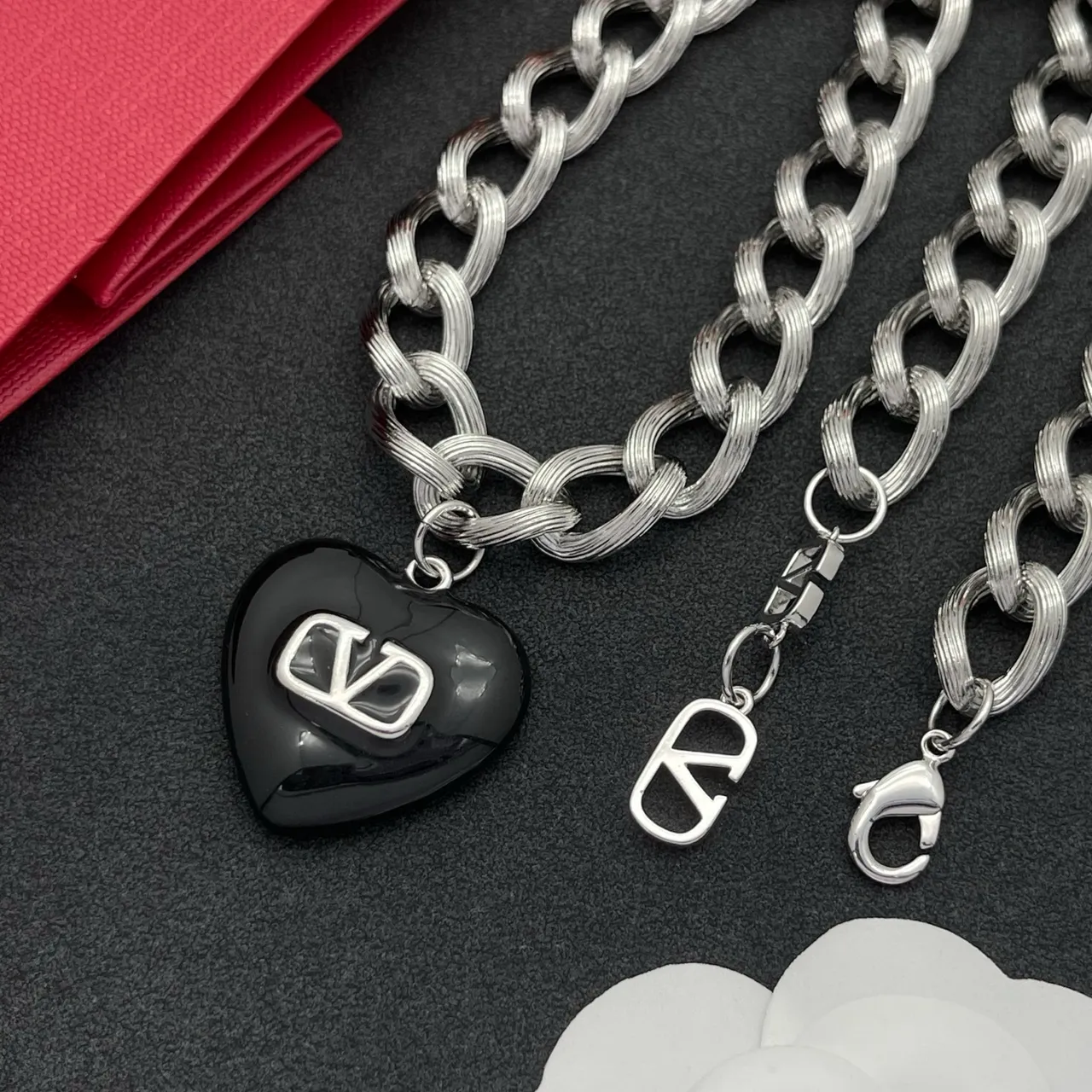 Valentino VLogo Heart Black Enamel Silver Chain Necklace 6