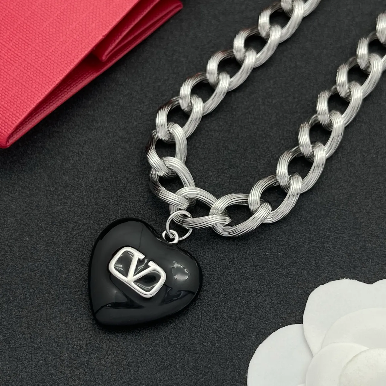 Valentino VLogo Heart Black Enamel Silver Chain Necklace 4