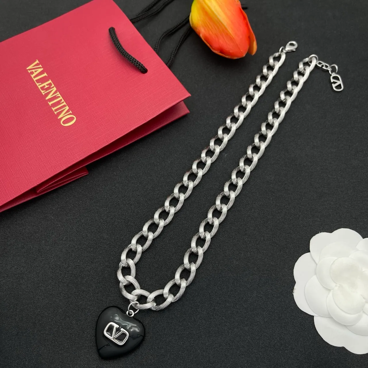 Valentino VLogo Heart Black Enamel Silver Chain Necklace 7