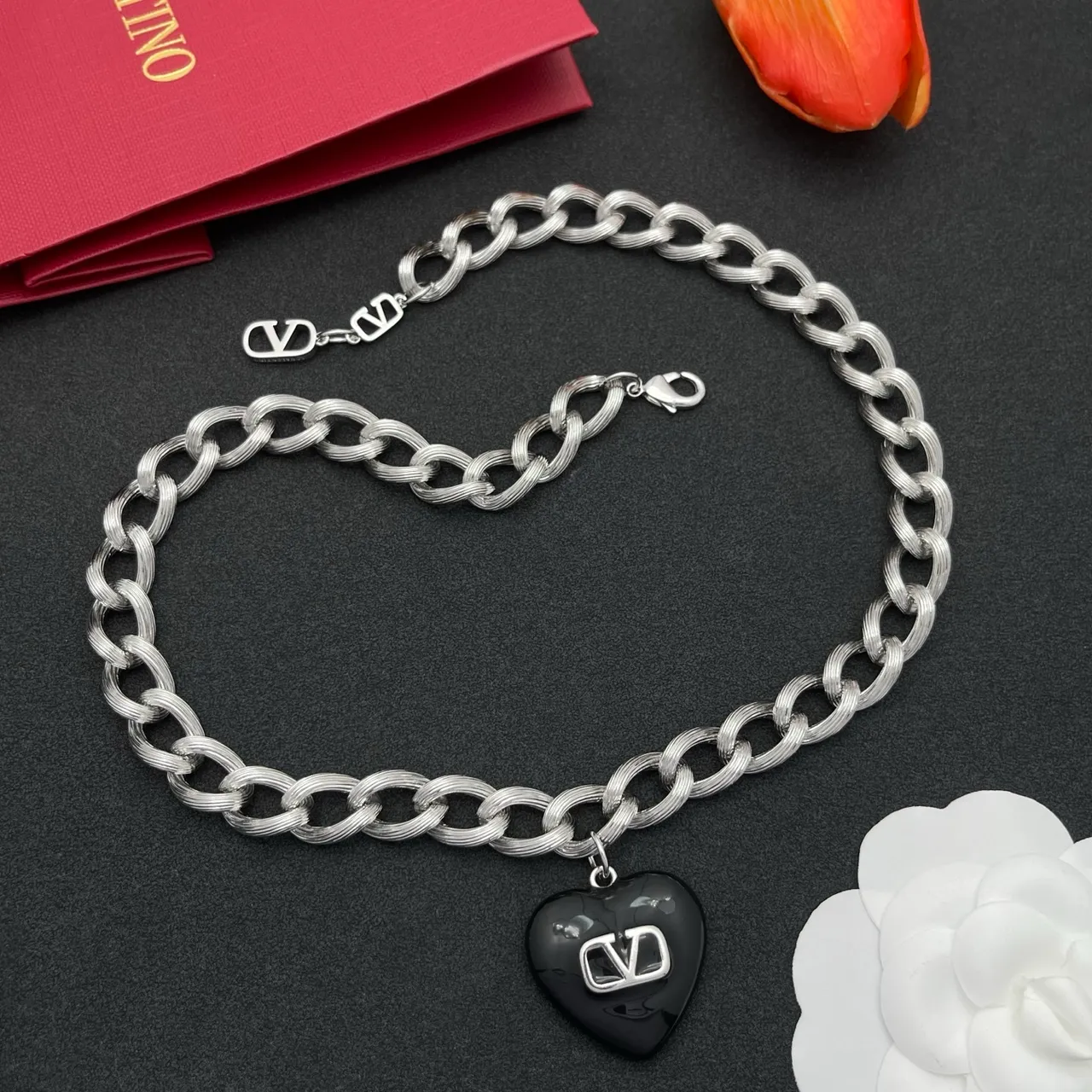 Valentino VLogo Heart Black Enamel Silver Chain Necklace 8