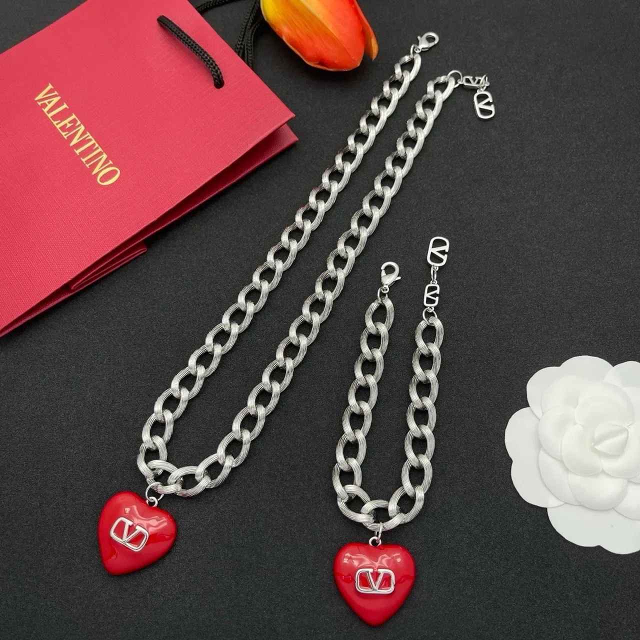 Valentino VLogo Heart Red Enamel Silver Chain Necklace 2
