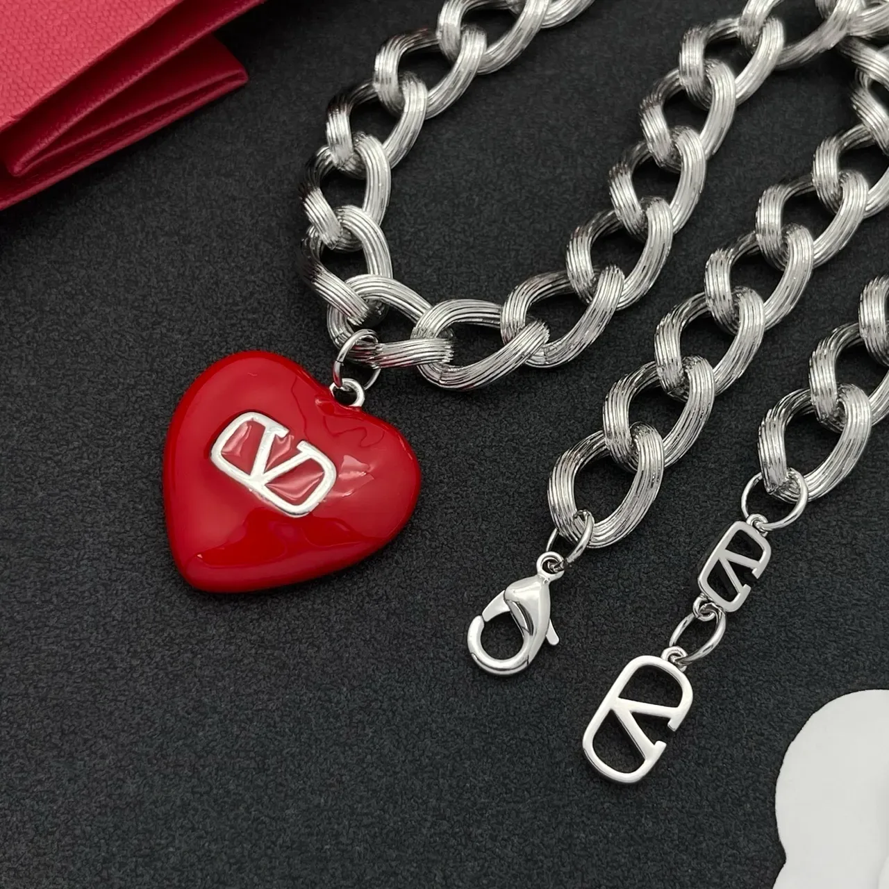 Valentino VLogo Heart Red Enamel Silver Chain Necklace 3
