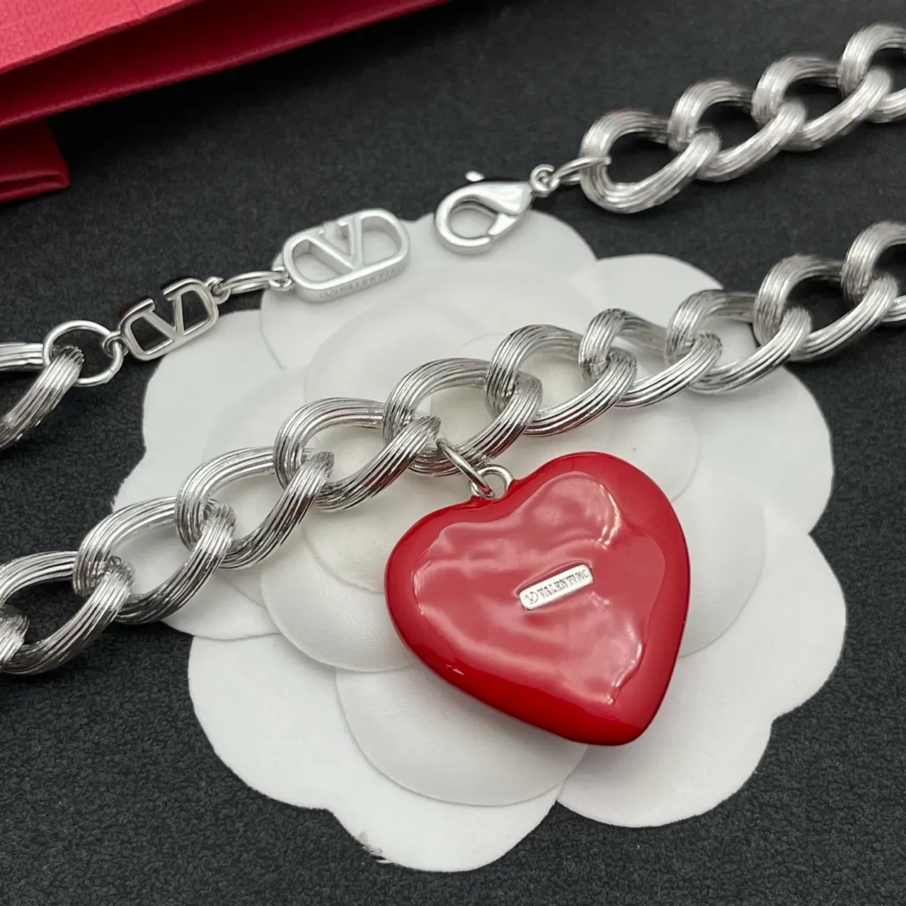 Valentino VLogo Heart Red Enamel Silver Chain Necklace 4