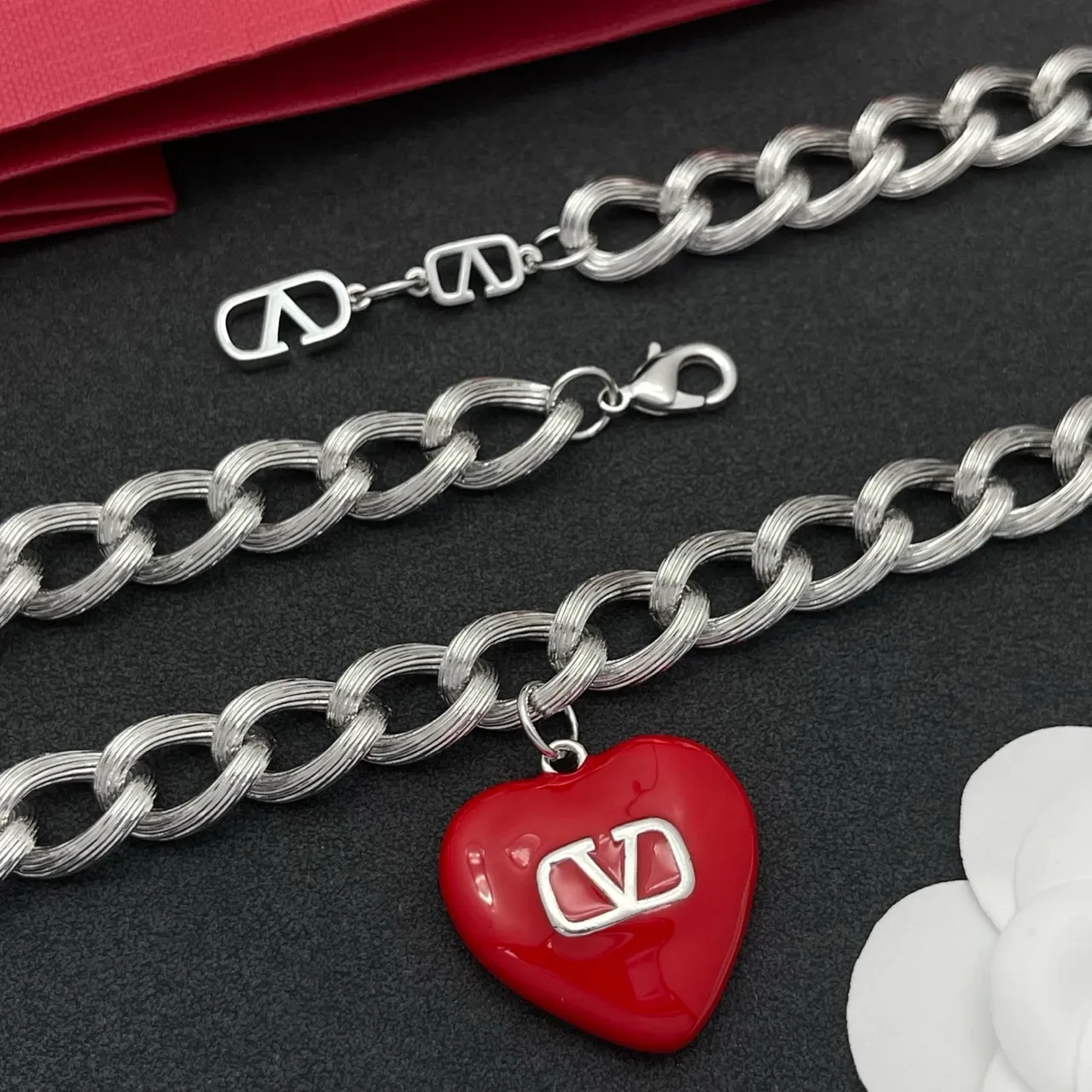 Valentino VLogo Heart Red Enamel Silver Chain Necklace 5