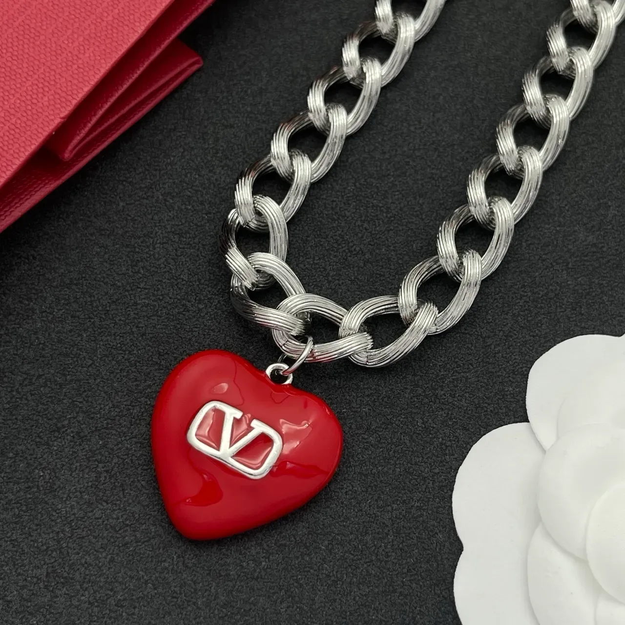 Valentino VLogo Heart Red Enamel Silver Chain Necklace 6