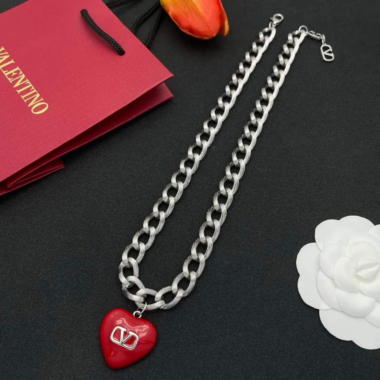 Valentino VLogo Heart Red Enamel Silver Chain Necklace 7