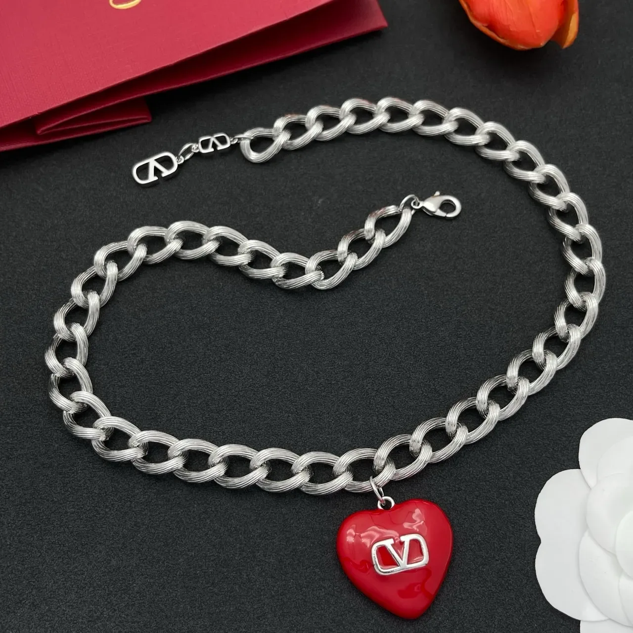 Valentino VLogo Heart Red Enamel Silver Chain Necklace 8