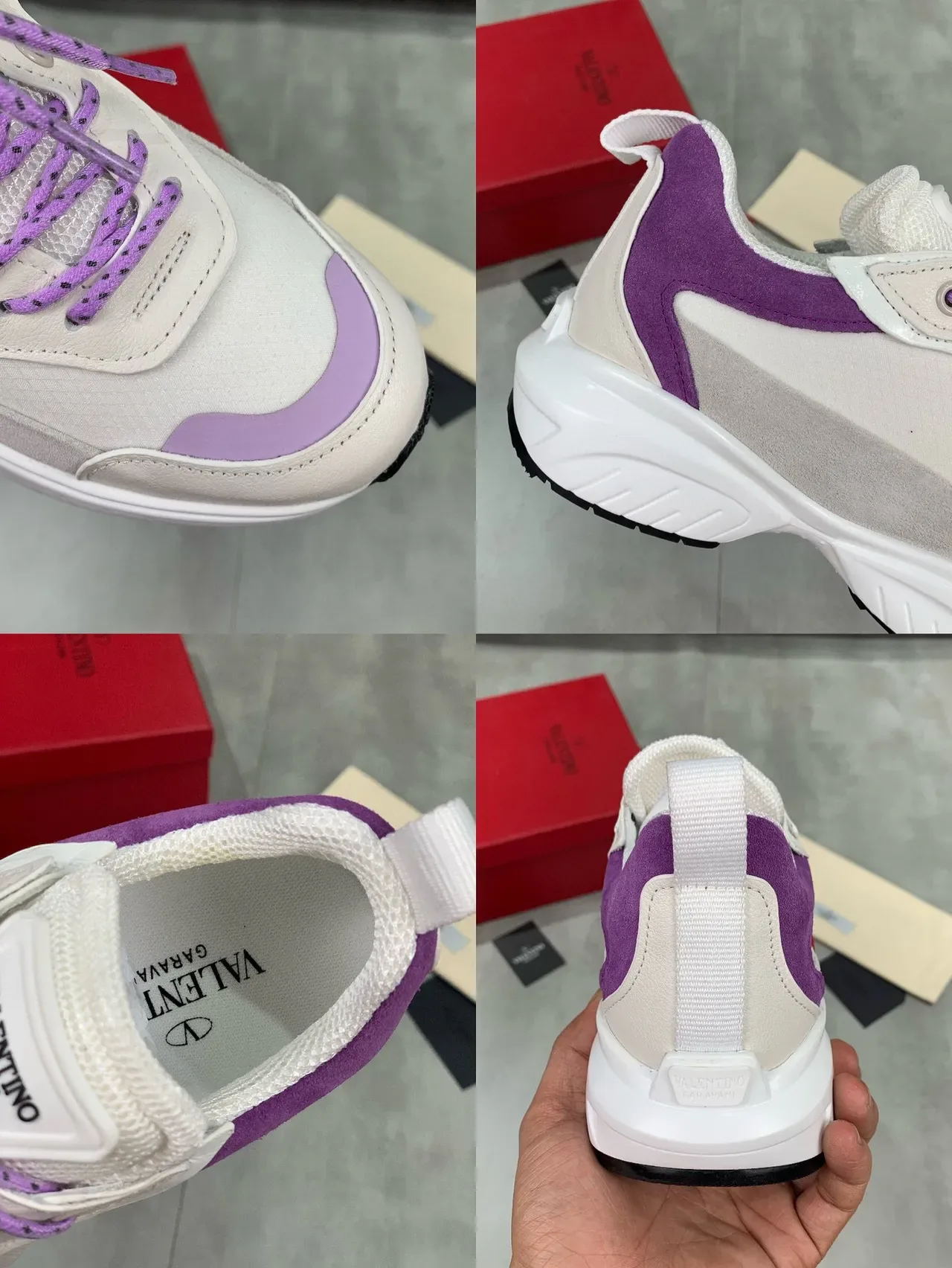 Valentino VLTN Beige Purple Sole Mixed-Material Upper Chunky Sneakers 2