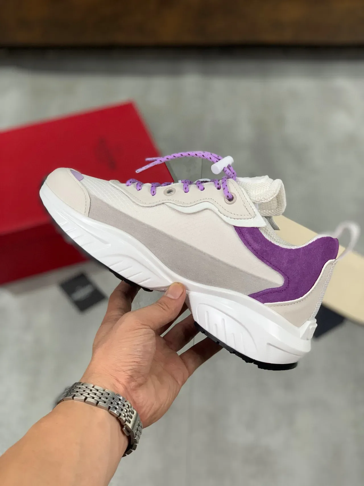 Valentino VLTN Beige Purple Sole Mixed-Material Upper Chunky Sneakers 5