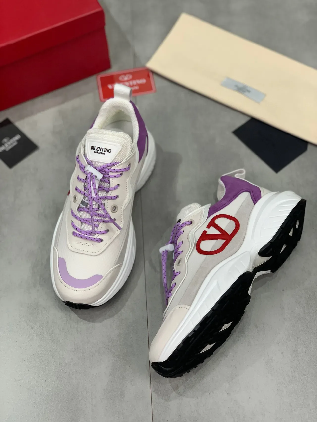 Valentino VLTN Beige Purple Sole Mixed-Material Upper Chunky Sneakers 6