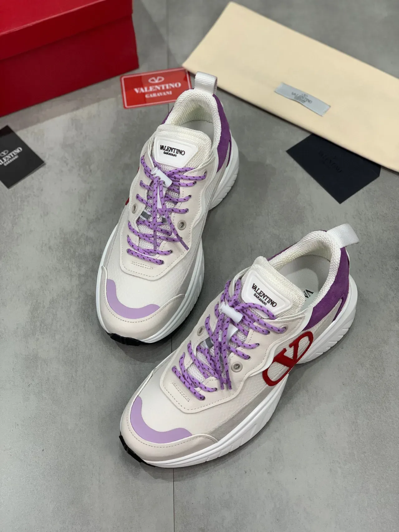 Valentino VLTN Beige Purple Sole Mixed-Material Upper Chunky Sneakers 7