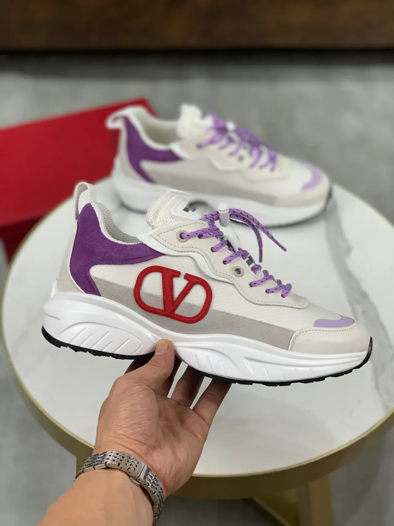 Valentino VLTN Beige Purple Sole Mixed-Material Upper Chunky Sneakers 8