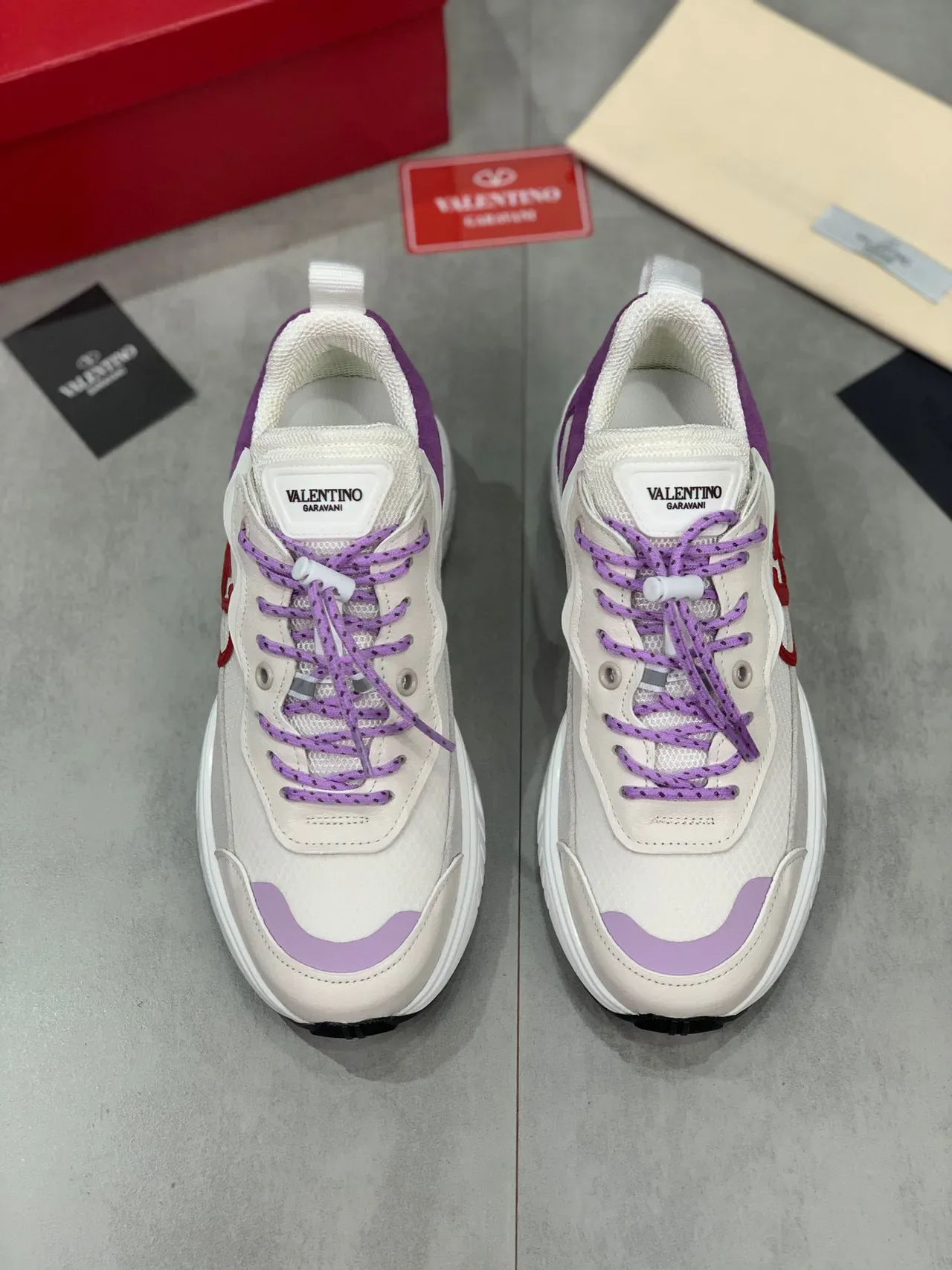 Valentino VLTN Beige Purple Sole Mixed-Material Upper Chunky Sneakers 9